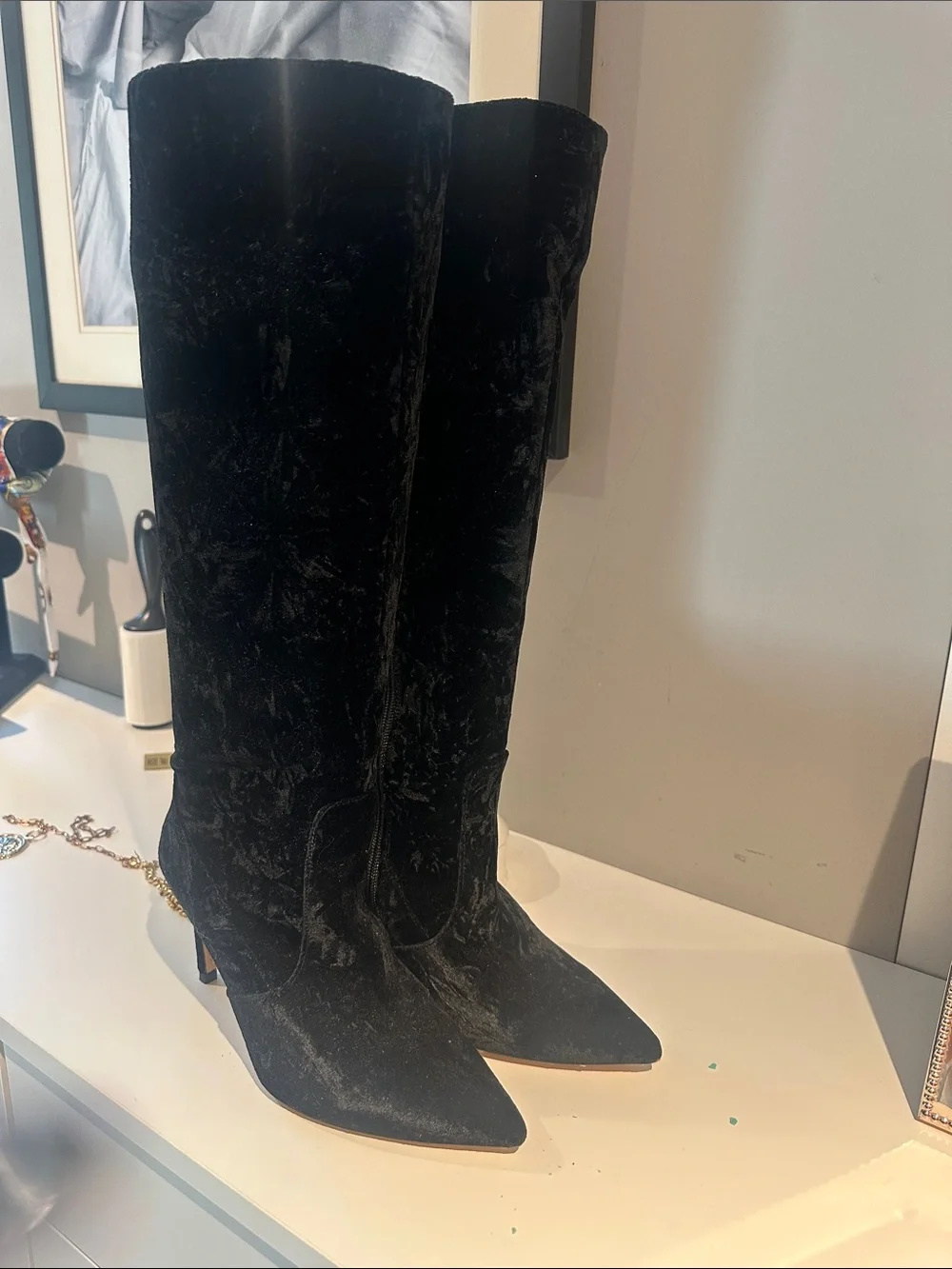 L'AGENCE Black Velvet Knee-High Pointed-Toe Boots